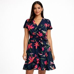 Elsie & Zoey Floral Wrap Dress Navy Pink Ruffle Hem Size L/XL Boho Chic NWT